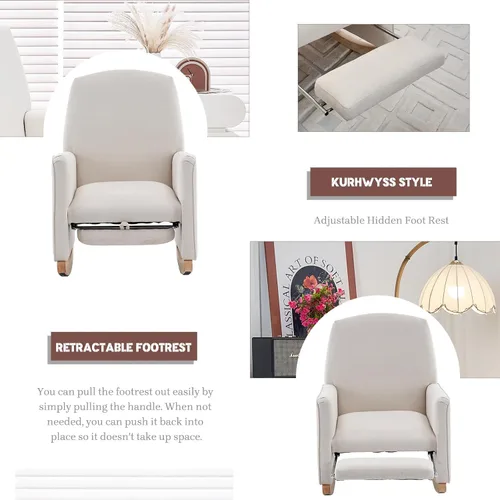 Vista 3 de Mecedora moderna para guardería, cómoda silla de guardería con reposapiés, mecedora tapizada con bolsillo, sillón de lectura con base de madera