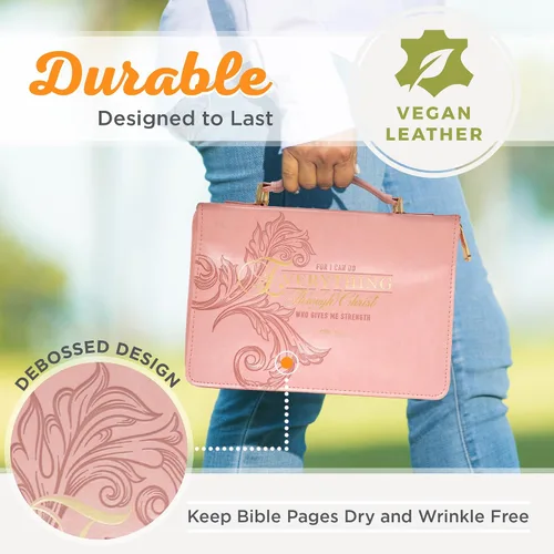 Vista 3 de Christian Art Gifts Funda de piel sintética para mujer, diseño floral rosa y dorado para mujer: Todo a través de Cristo - Fil. 4:13 Escritura
