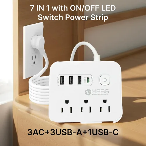 Vista 2 de Regleta de protección contra sobretensiones de 4 pies con USB C, protección 1200J, cable de extensión resistente, (7 en 1), 3 salidas de CA, 4