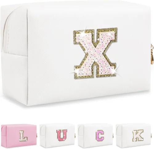 Vista 17 de Bolsa de maquillaje con parche de letra inicial personalizada, bolsa de cosméticos de chenilla preppy con letra de chenilla con cremallera, Y