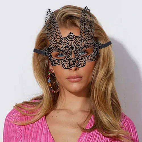 Vista 2 de Obmyec Máscara de encaje de Halloween, máscara elástica de Mardi Gras, disfraz para mujer (conejo negro)