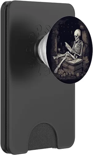 Vista 7 de Bibliotecario esqueleto gótico gótico gótico amante de la lectura de libros PopSockets intercambiables PopGrip