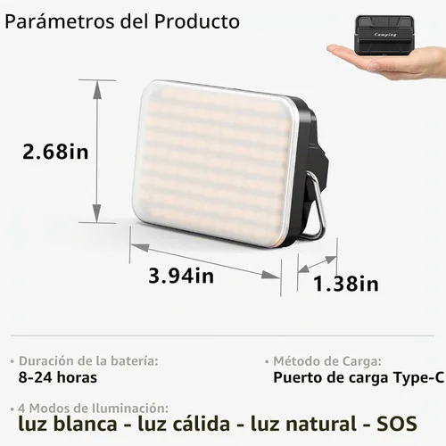 Vista 4 de Linterna LED recargable para campamento, 5000 mAh, 2000 lúmenes, 20 W, luz de campamento portátil, lámpara colgante magnética con carga rápida, 4
