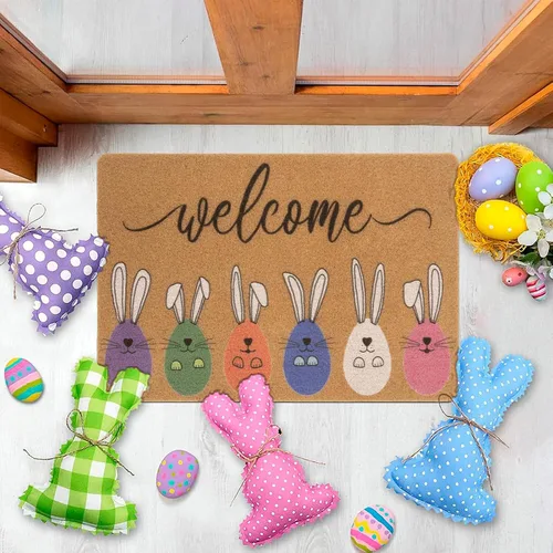 Vista 7 de XuoAz Felpudo decorativo de Pascua para puerta de entrada al aire libre, conejito de Pascua, antideslizante, fibra de coco para la decoración