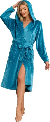 Vista 33 de HEARTNICE Bata de forro polar con capucha para mujer, bata de baño suave para mujer, bonito abrigo largo para casa