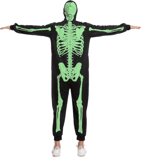 Vista 6 de Spooktacular Creations Mono de esqueleto para adultos, pijama para hombre, que brilla en la oscuridad, con cremallera, disfraces con capucha