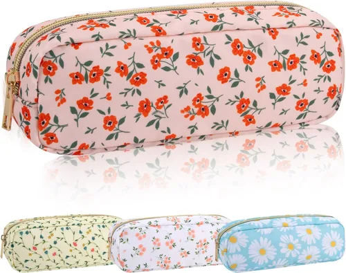 Vista 32 de Iqimott Bolsa Grande de Maquillaje de Nylon, Neceser de Viaje, Bolsa Grande de Cosméticos Preppy, Organizador de Maquillaje de Nylon, Bolsa de Beige