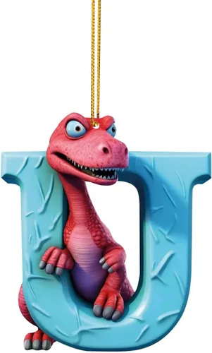 Vista 23 de Adorno de Navidad personalizado de dinosaurio de 26 letras, adornos colgantes 2023, monograma inicial de plástico, decoraciones de árbol de Navidad