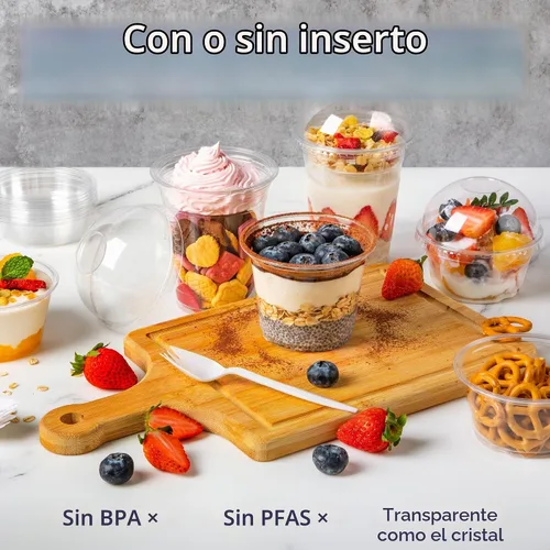 Vista 4 de Fit Meal Prep [Paquete de 50] Vasos de postre de plástico transparente de 5 onzas con tapas de cúpula y tenedores, tazas de parfait desechables