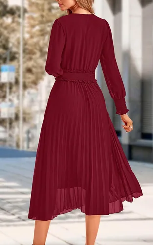 Vista 9 de PRETTYGARDEN Vestidos cruzados con cuello en V para mujer, para invitados de boda, casual, plisado, manga larga, vestido largo fruncido con volantes