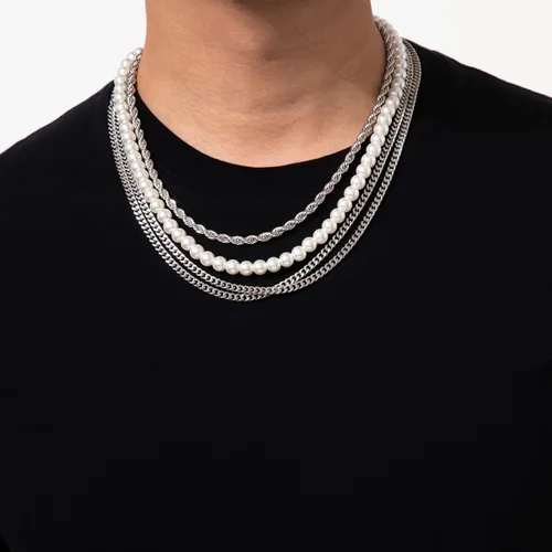 Vista 7 de YERTTER Collar gótico de cadena de plata de 4 capas para hombre, cadena de perlas, cadena gruesa, cadena torcida, cadena plana, gargantilla