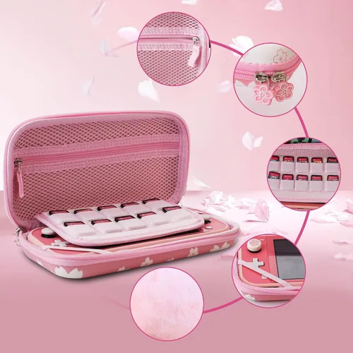 Vista 2 de FUNDIARY Funda de transporte Sakura rosa para Nintendo Switch Lite, lindo kit de accesorios de viaje para niña con bolsa de almacenamiento delgada