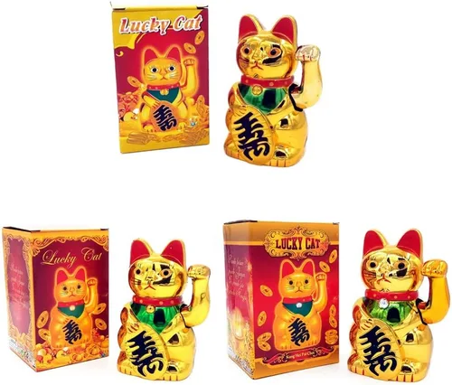 Vista 5 de Ochine Lucky Cat Waving Arm Gold Cat Feng Shui Lucky Fortune Cats Luck Beckoning Waving Wealth Cat Maneki Neko Bienvenido Lindo Gato Hogar Display