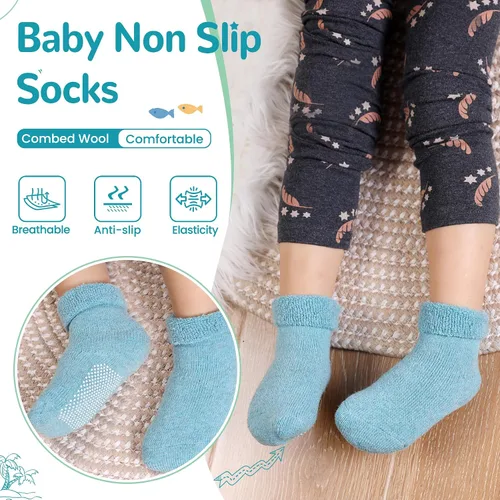 Vista 2 de 6 pares de calcetines antideslizantes para bebés, niños y niñas, calcetines cálidos de lana gruesa y suave con empuñaduras