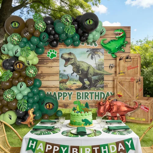 Vista 7 de Decoraciones de fiesta de cumpleaños de dinosaurios con 4 cajas temáticas de dinosaurios verde, marrón y negro, kit de arco de globos de papel