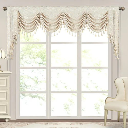 Vista 38 de Loom and Mill Cenefa de cascada de lujo de jacquard para sala de estar, elegantes cenefas de ventana con festones y cuentas damascadas, cortinas
