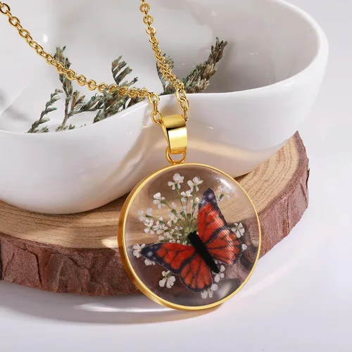 Vista 3 de Collar de mariposa Collar de flores silvestres prensadas Collar de resina Personalizado Prensado a mano Regalo para mujer
