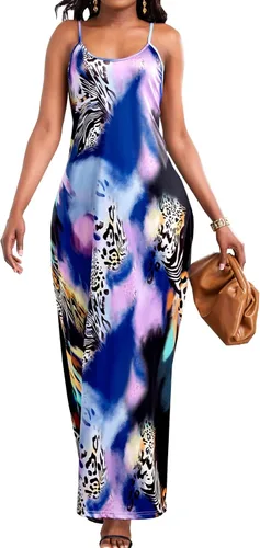 Vista 2 de ZonJie Vestido largo casual bohemio con estampado floral para mujer, holgado, cuello en V, tirantes delgados ajustables, longitud al suelo