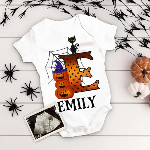 Vista 5 de Enterizo de Halloween personalizado con inicial para bebé niño y niña recién nacido 6 12 18 24 meses traje de calabaza personalizado disfraz