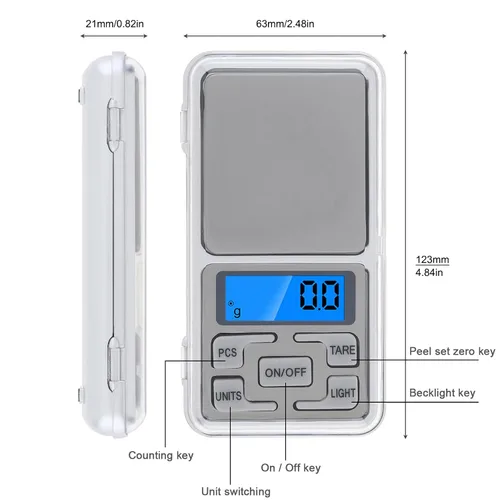 Vista 4 de Smgda Báscula digital de bolsillo de 17.64 oz por 0.00 oz, g/kg/libra/onza unidad conmutable portátil para báscula de viaje de alimentos, báscula
