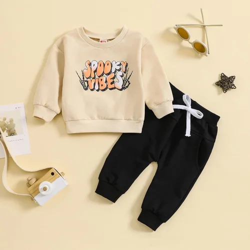 Vista 3 de EMRELOD Conjunto de ropa de otoño e invierno para bebé niño, sudadera de manga larga con letras y pantalones deportivos
