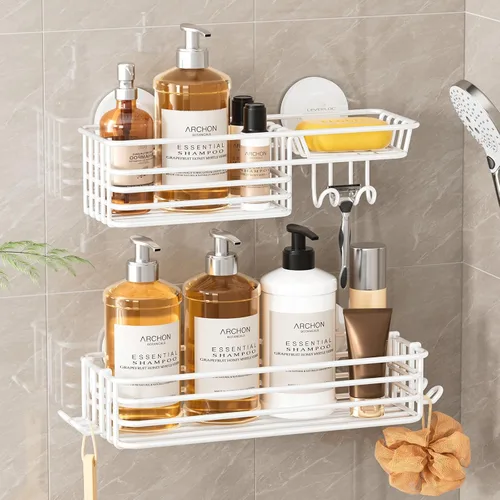 Vista 11 de LEVERLOC Cesta de ducha con ventosa, cesta de ducha con ganchos y jabonera para baño, organizador de ducha para baño sin necesidad de taladrar