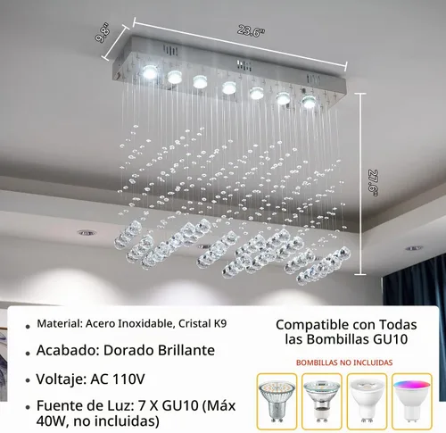 Vista 6 de Candelabro de cristal moderno de 7 luces rectangular de lujo con ondas, lámpara de techo empotrada colgante con gotas de lluvia cromada para isla