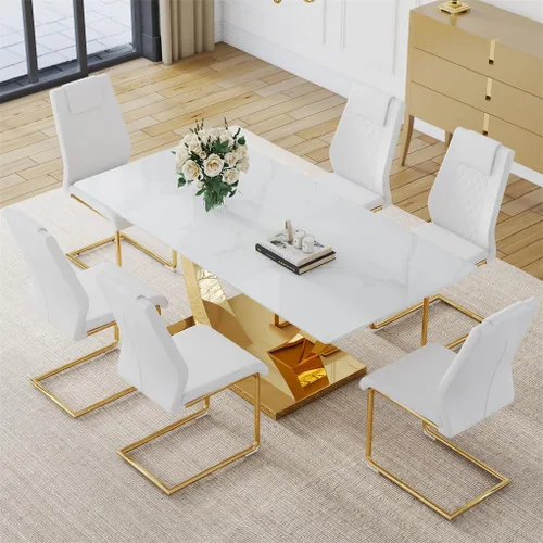 Vista 47 de Juego de mesa de comedor para 4, mesa de comedor de mármol sintético de 63 pulgadas con patas y base de acero inoxidable, sillas acolchadas