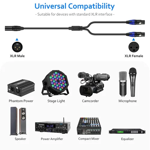 Vista 11 de LanSenSu 1 micrófono divisor XLR Y macho a 2 hembras, XLR hembra de 3 pines a doble XLR macho Y-Splitter Cables de audio de micrófono equilibrado