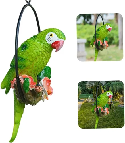 Vista 9 de Estatua colgante de perca de pájaro, anillo redondo, escultura de loro, estatua de guacamayo, esculturas de jardín, estatuas para patio, verde