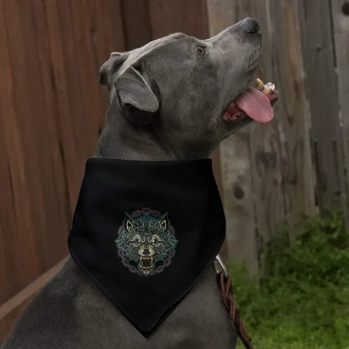 Vista 3 de Fenrir - Bandana para perros y mascotas de mitología nórdica de lobo gruñendo feroz en cadenas Negro