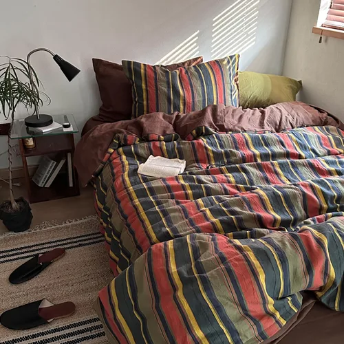 Vista 281 de mixinni Juego de funda de edredón vintage a rayas, tamaño twin, juego de ropa de cama de 3 piezas, 100% algodón lavado, suave y transpirable, funda