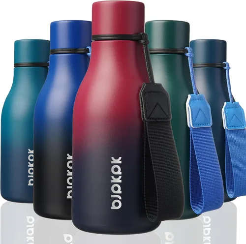 Vista 31 de BJPKPK Botellas de agua aisladas, botella de agua de metal de acero inoxidable de 12 onzas con correa, sin BPA a prueba de fugas, jarras, tazas