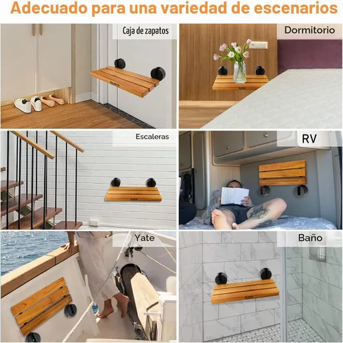 Vista 5 de Asiento de ducha plegable de teca de 20 pulgadas montado en la pared, banco de ducha plegable para espacio de ducha pequeño, taburete de madera