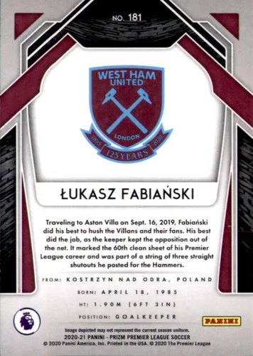 Vista 2 de 2020-21 PANINI PRIZM PREMIER LEAGUE #181 LUKASZ FABIANSKI WEST HAM UNITED SOCCER OFFICIAL TRADING CARD OF SOCCER
