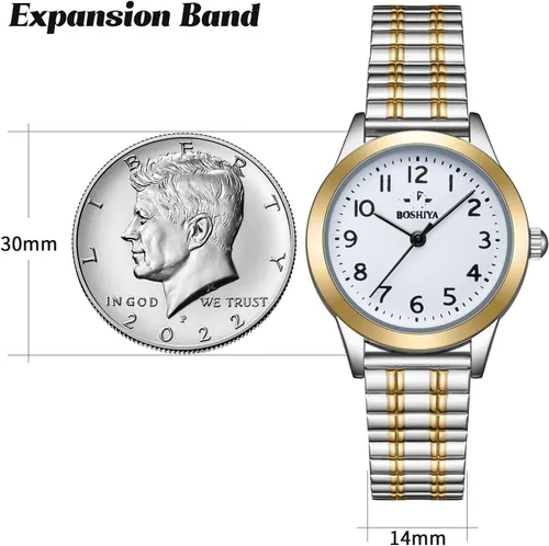 Vista 3 de BOSHIYA Relojes para mujer Easy Reader de 1.181 in de acero inoxidable con banda de expansión plateada dorada para mujer, reloj de pulsera pequeño