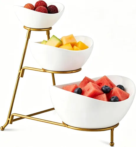 Vista 10 de Gomakren - Juego de cuencos ovalados de 3 niveles, soporte plegable de metal negro Multi-capacity porcelain bowls holiday party display, stable
