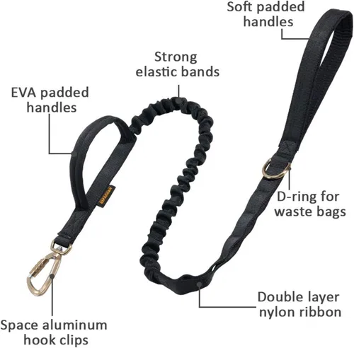 Vista 4 de EXCELLENT ELITE SPANKER Correa táctica militar para perro, clips de gancho de aluminio espaciales, correa elástica para perro con 2 asas de control