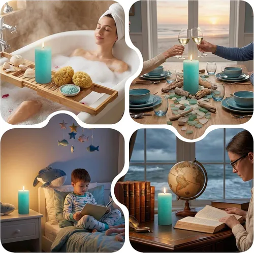 Vista 6 de Ocean Breeze - Vela perfumada de pilar, 2.8 x 6 pulgadas, 75 horas de combustión, vela costera azul texturizada con fragancia de sal marina y madera