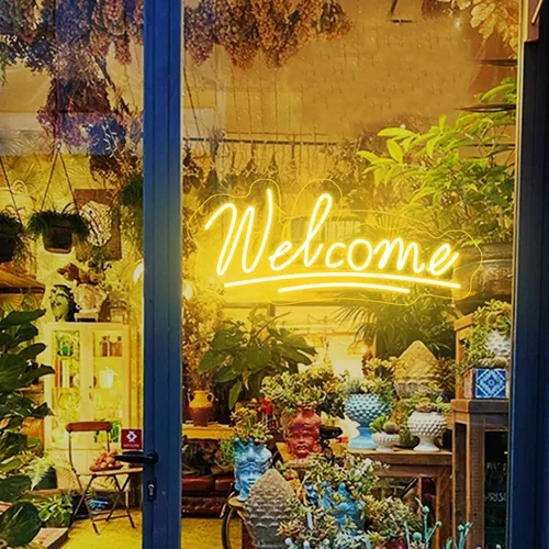Vista 5 de Letreros de neón de bienvenida para negocios, luz eléctrica para interiores, luz de neón brillante para decoración de pared, luz LED creativa