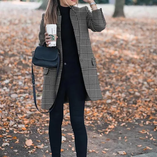 Vista 4 de UODSVP Abrigos de invierno para mujer, estampado de moda, casual, cuello a cuadros, abrigo suelto de tweed