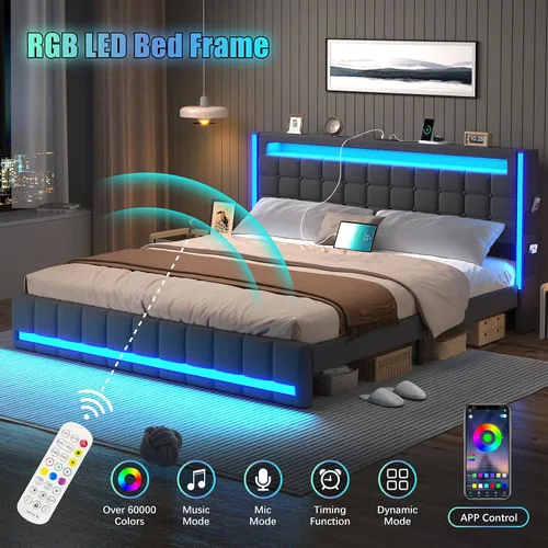 Vista 3 de CSZZD Base de cama Queen con cabecero ajustable y luces LED, base de cama de plataforma tapizada tamaño Queen con estación de carga tipo C y USB
