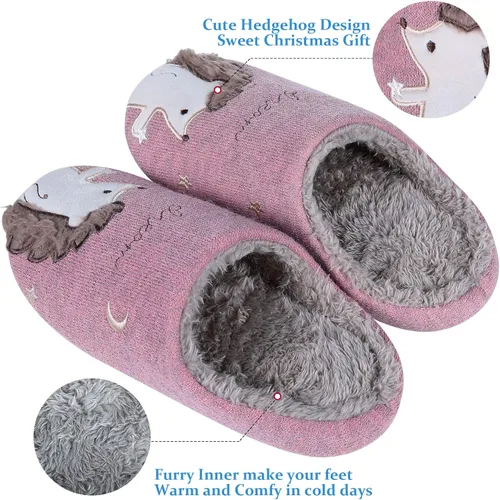 Vista 3 de Shevalues Pantuflas con forro de piel de animal para niños, niñas y niños, zapatos de casa de erizo de unicornio, mullidos bordados, para interiores