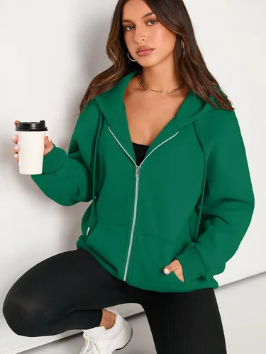 Vista 2 de EFAN Sudaderas con capucha lindas para mujer con cordón y cremallera, chaqueta de otoño de gran tamaño, sudaderas casuales con bolsillo