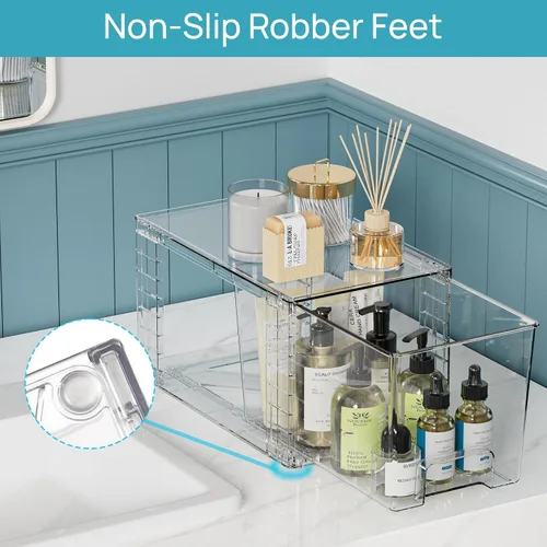 Vista 5 de Vtopmart Paquete de 4 cajones de almacenamiento apilables transparentes, para debajo del fregadero y la cocina, cajones de plástico fáciles