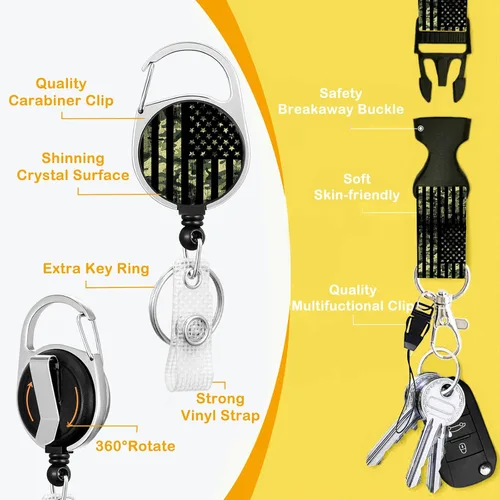 Vista 3 de Soporte para tarjeta de identificación con cordón, carrete retráctil con clip giratorio para cinturón, cordón separable de bandera estadounidense