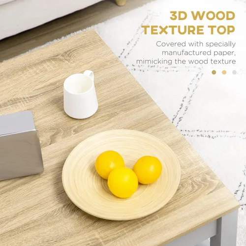 Vista 6 de HOMCOM Mesa auxiliar, mesa central de 2 niveles con estante de almacenamiento y parte superior texturizada de madera, mesa cuadrada para sala