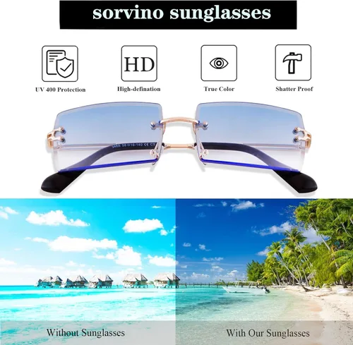 Vista 6 de SORVINO Lentes de sol rectangulares sin montura para mujeres y hombres, a la moda, color rosa transparente, lentes tintados azules sin marco