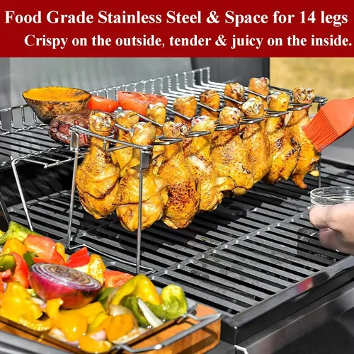 Vista 3 de Triceratops Estante para patas y alas de pollo, 14 ranuras para baquetas de pollo para barbacoa, soporte de acero inoxidable para ahumador, horno