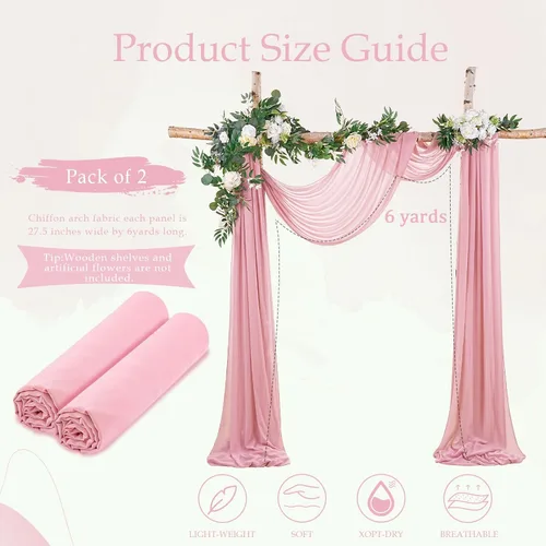 Vista 3 de Cortinas de boda con rosas polvorientas, 2 paneles de 6 yardas, cortinas de fondo transparentes para despedida de soltera, arcos de boda